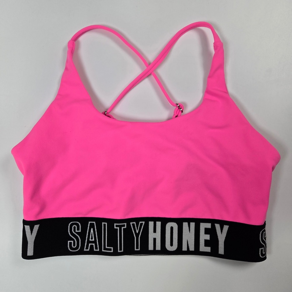 Salty Honey Sports Bra Women L Pink Neon Crossback Logo Band Activewear Gym